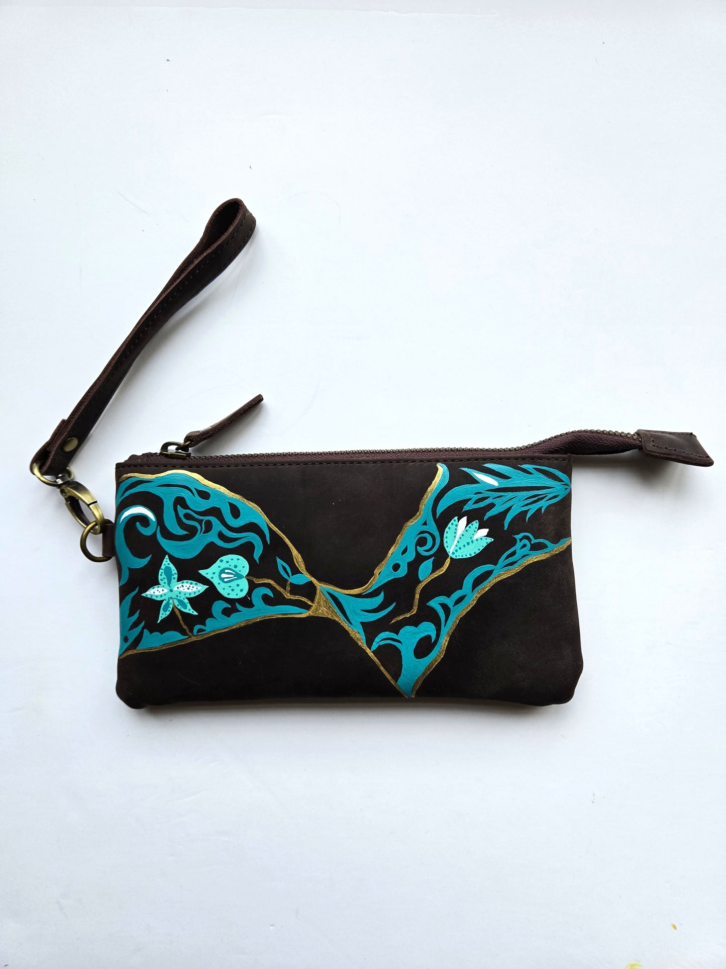 Anak Peranakan and Batik Dark Brown Leather handphone pouch/wristlet