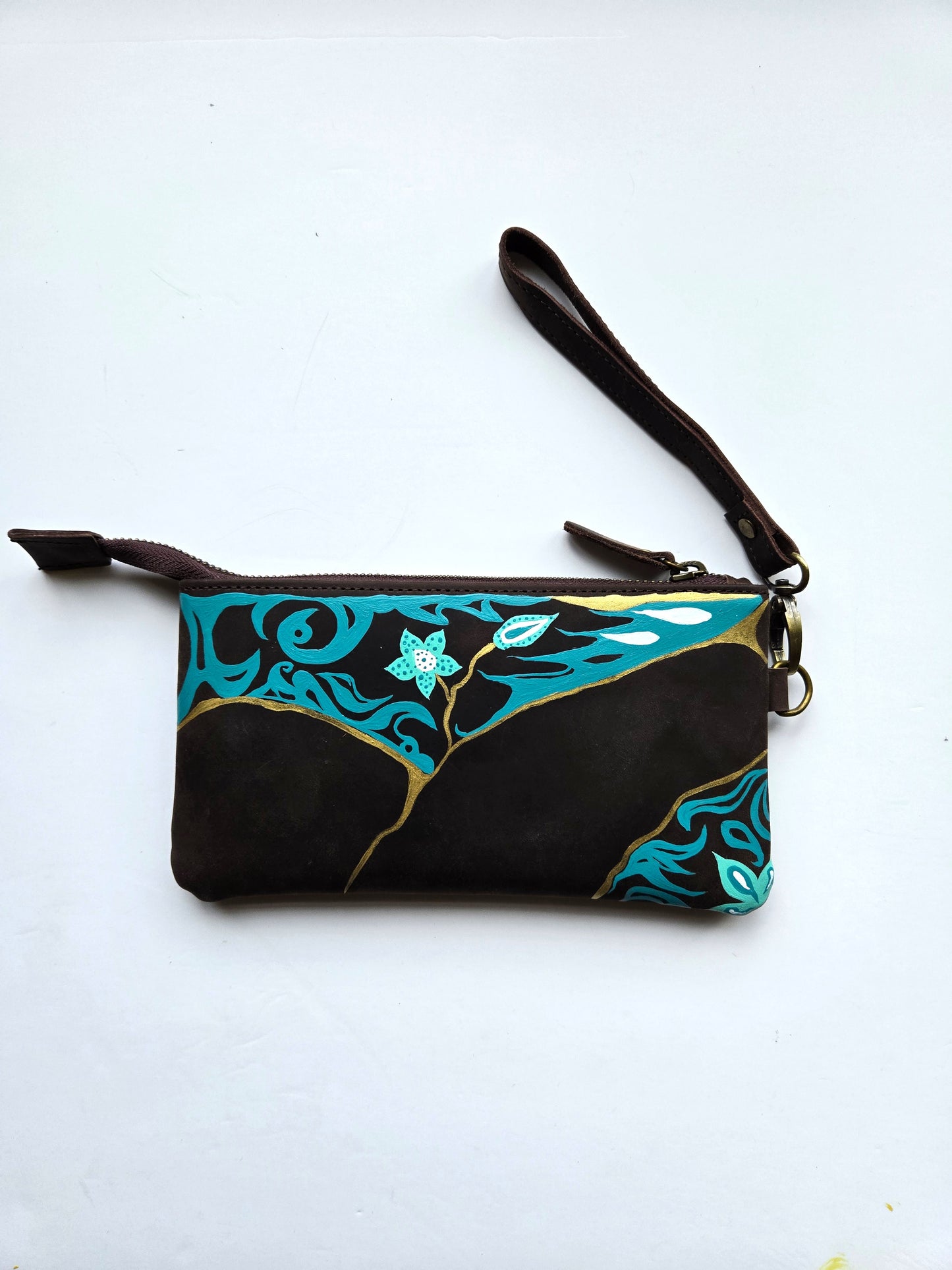 Anak Peranakan and Batik Dark Brown Leather handphone pouch/wristlet