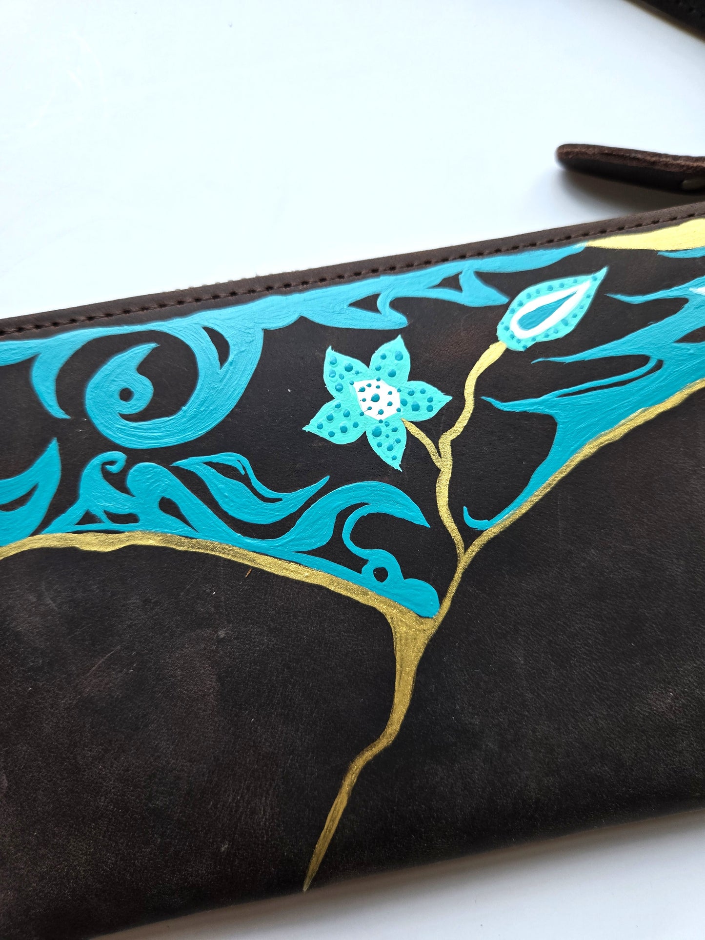 Anak Peranakan and Batik Dark Brown Leather handphone pouch/wristlet