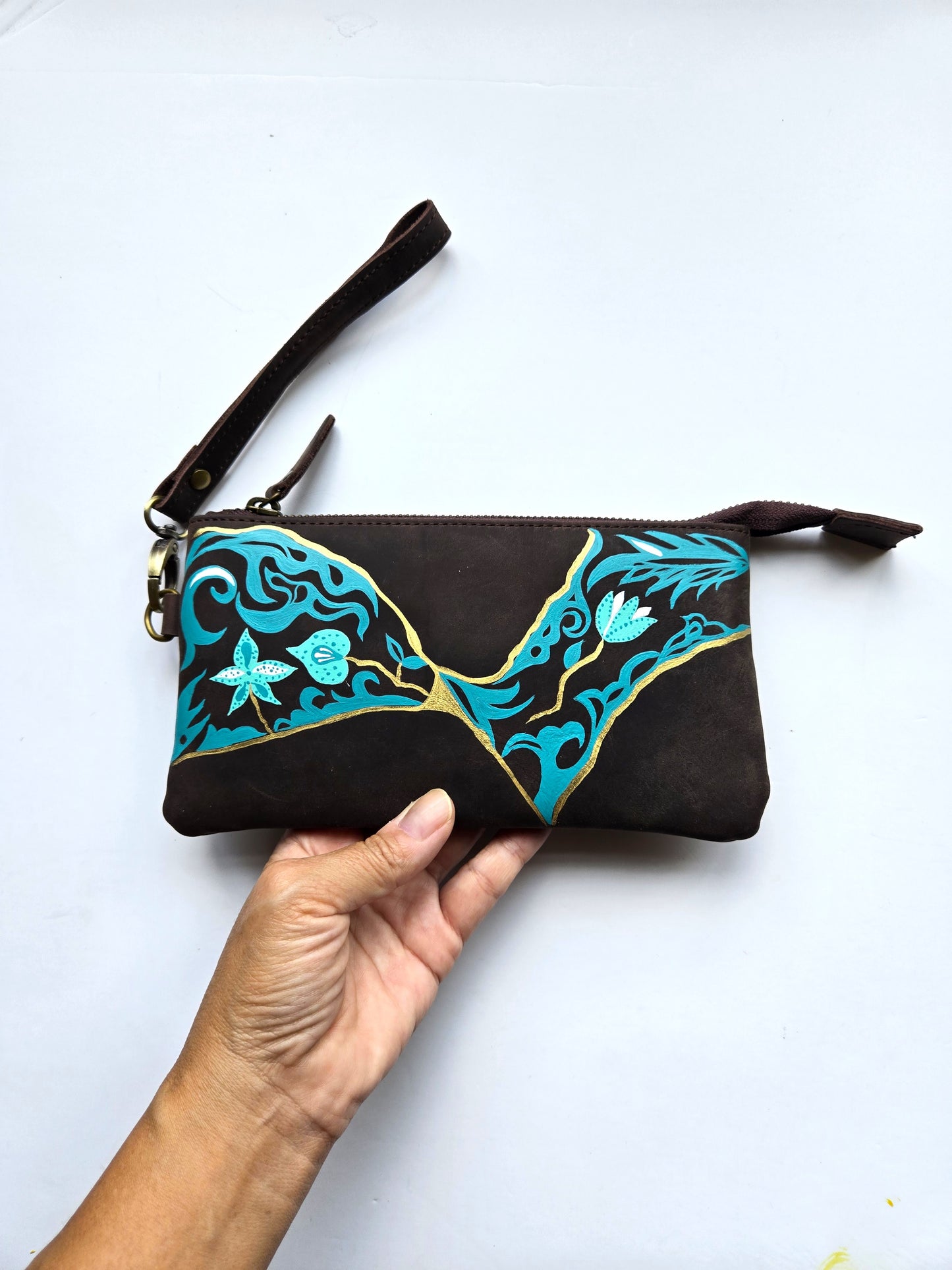 Anak Peranakan and Batik Dark Brown Leather handphone pouch/wristlet