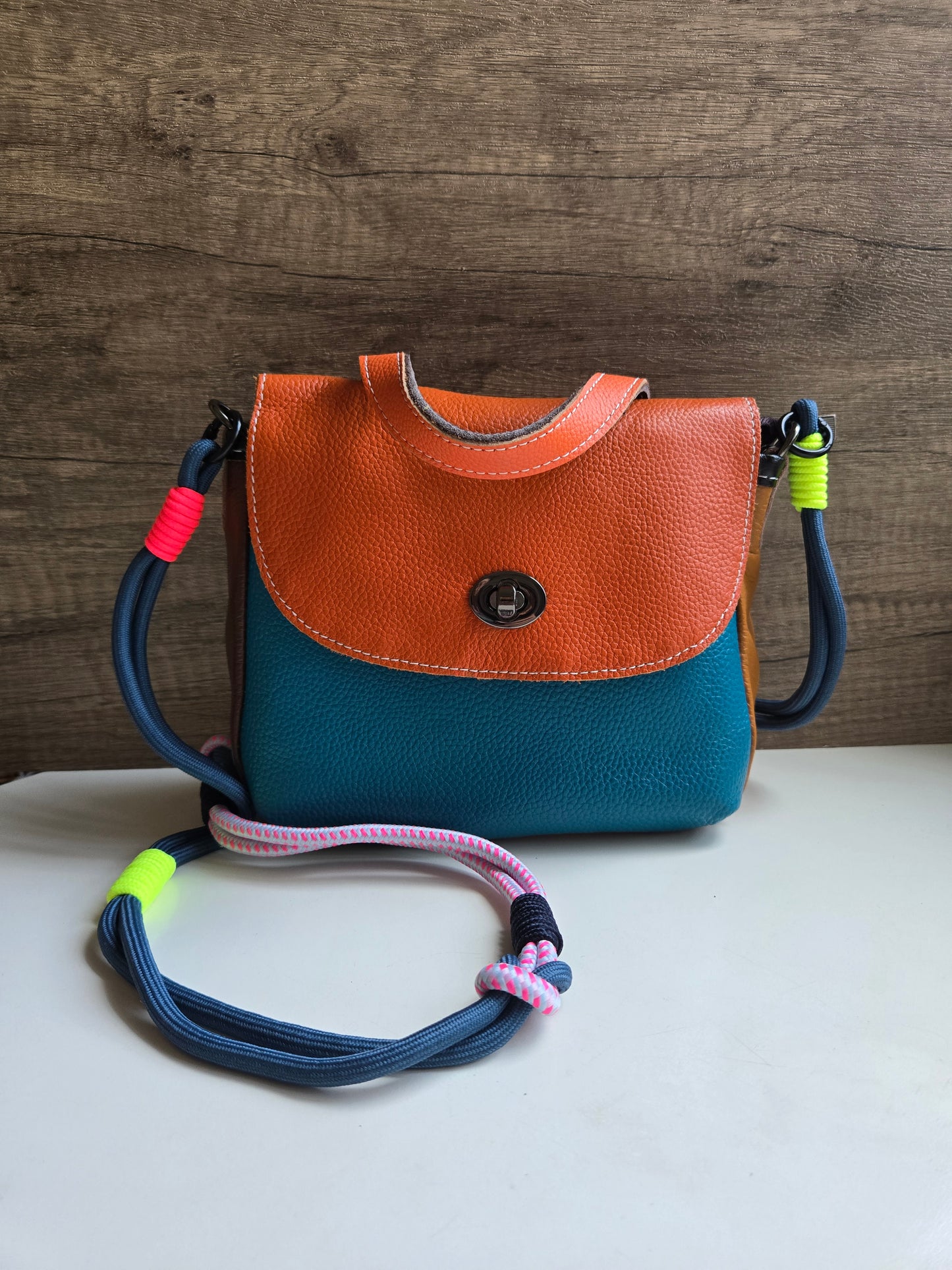 Patch Happy Leather Bag - Orange & Teal