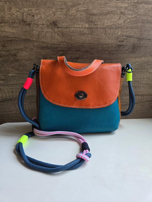 Patch Happy Leather Bag - Orange & Teal