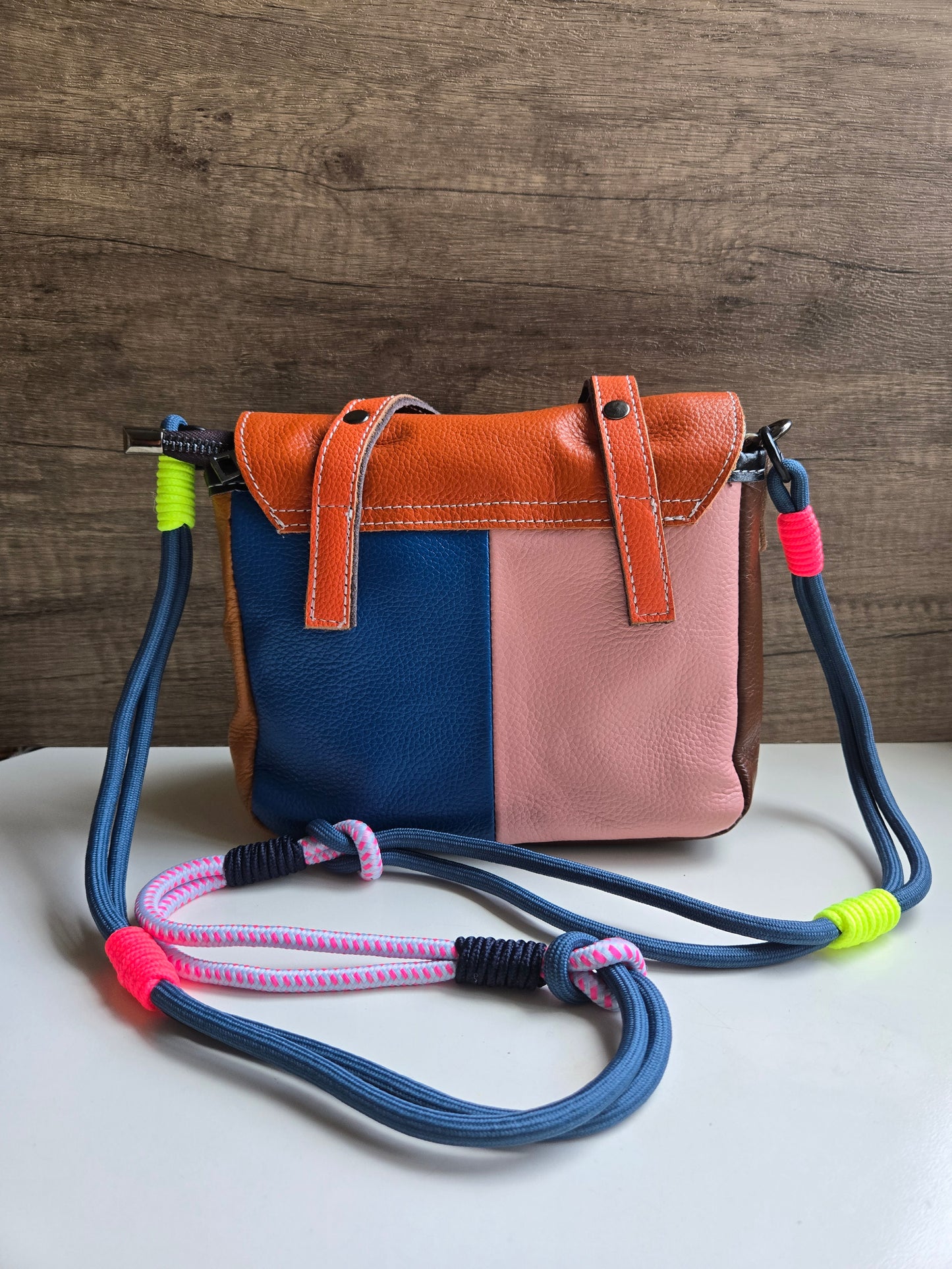 Patch Happy Leather Bag - Orange & Teal