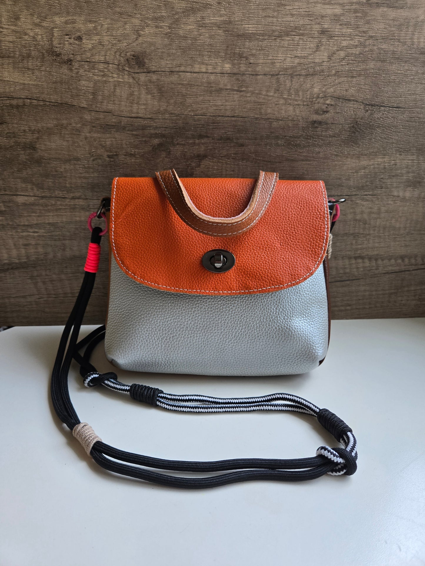 Patch Happy Leather Bag - Orange & Silver