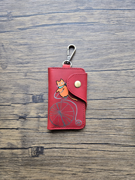 Leather Key Organiser and Card Holder- A Cat on a Unicycle