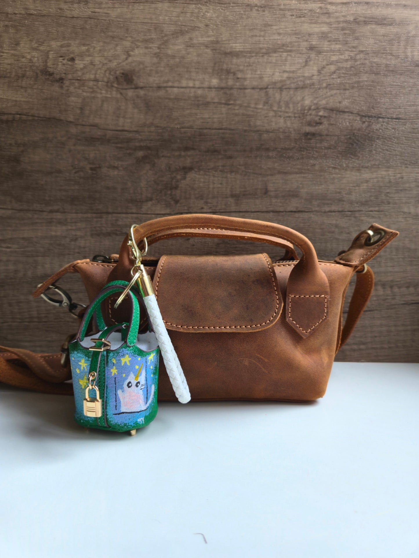 Dreamy starry Cat bag charm in green