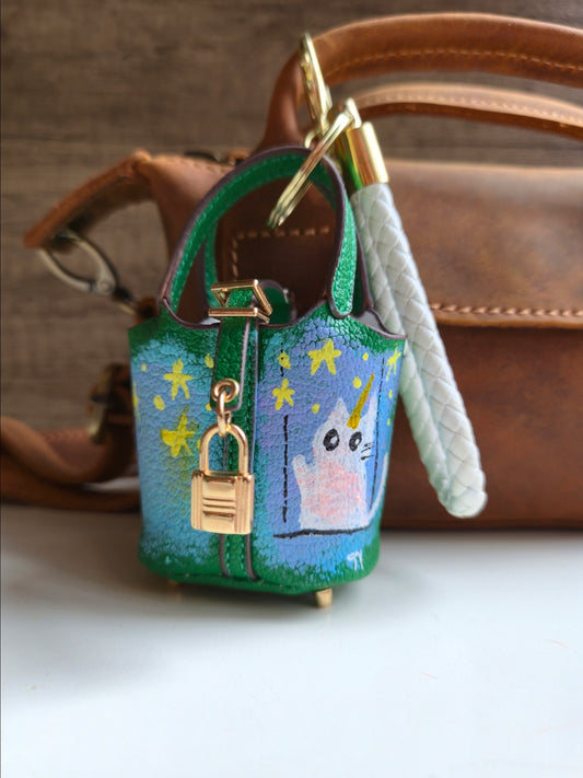 Dreamy starry Cat bag charm in green
