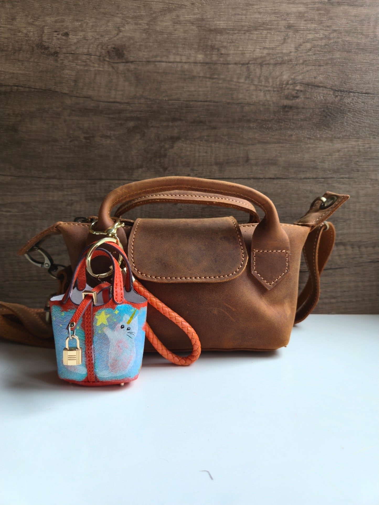 Dreamy starry Cat bag charm in orange