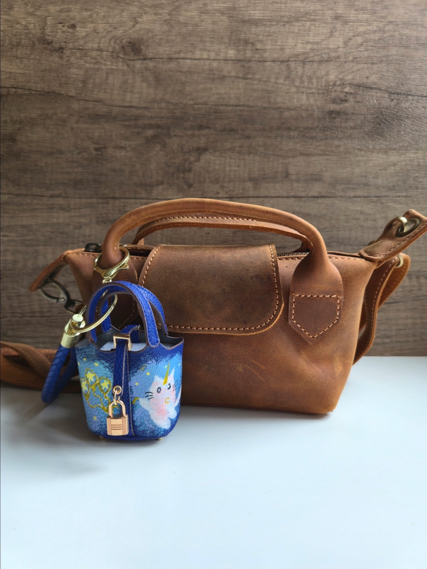 Dreamy starry Cat bag charm in blue