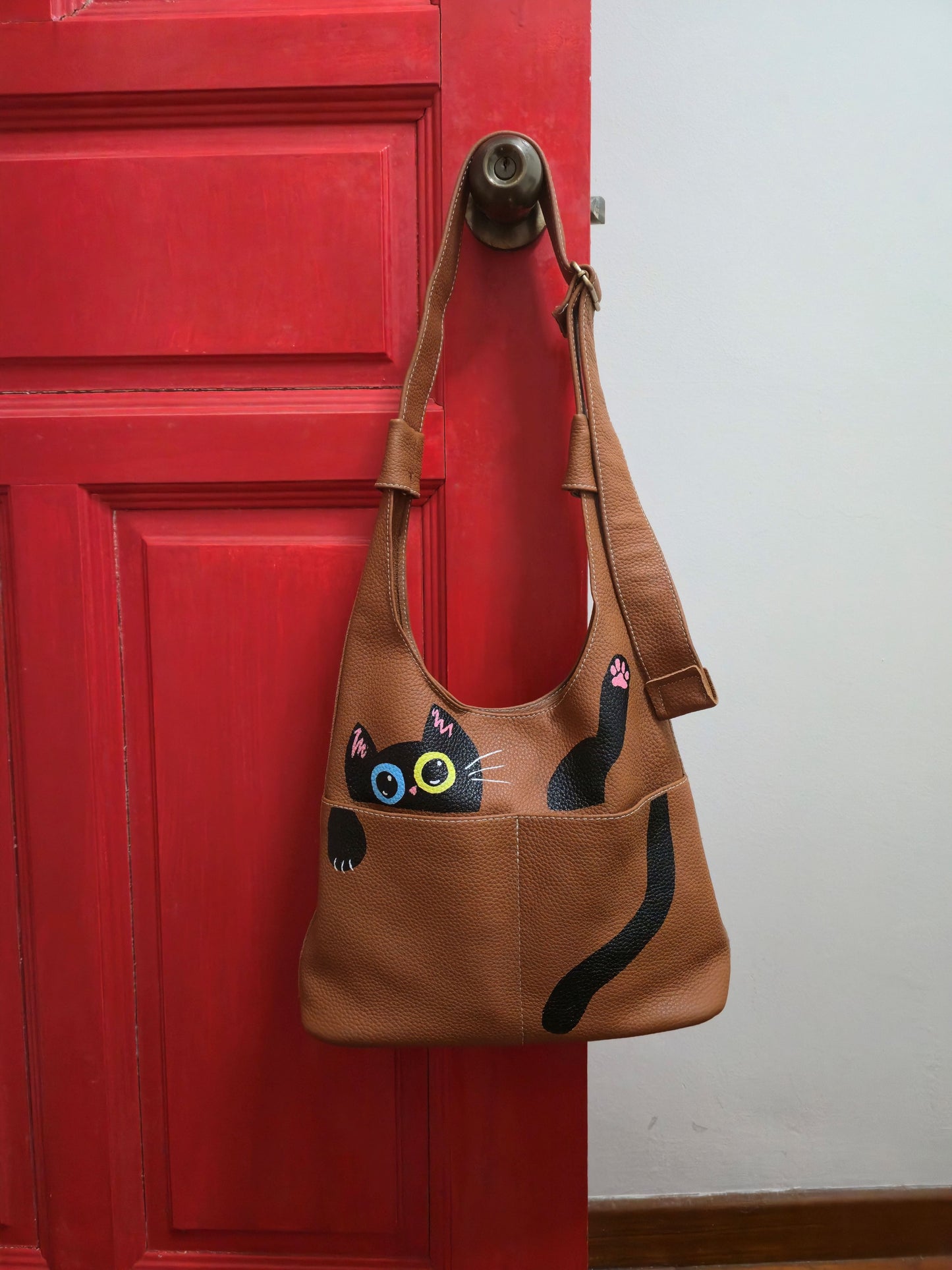 Leather Lounging Black Cat Hobo Bag