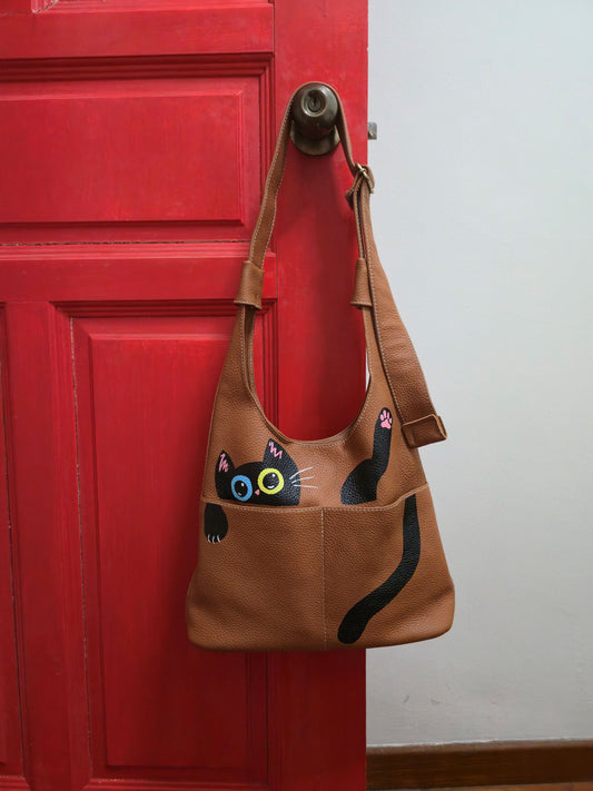 Leather Lounging Black Cat Hobo Bag